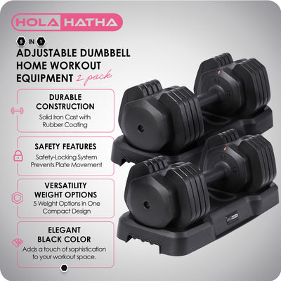 HolaHatha 5 in 1 Adjustable Dumbbell Home Workout Equipment, Black (2 Pack) - VMInnovations