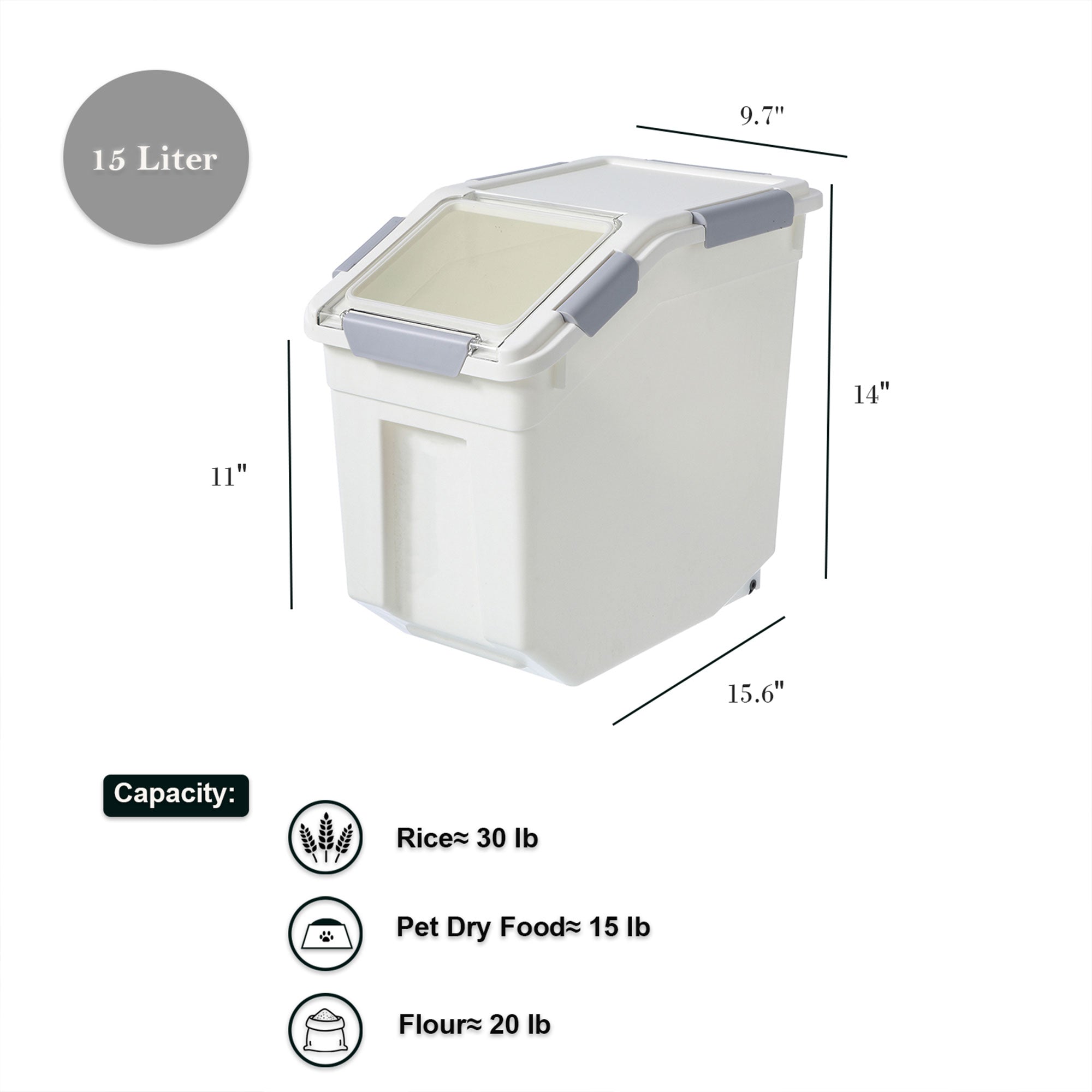 HANAMYA 15 L Rice Storage Container with Wheels and Measuring Cup, White (Used) - VMInnovations