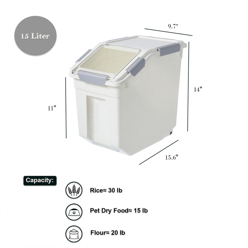 HANAMYA 15 Liter Rice Storage Container with Wheels and Measuring Cup, White