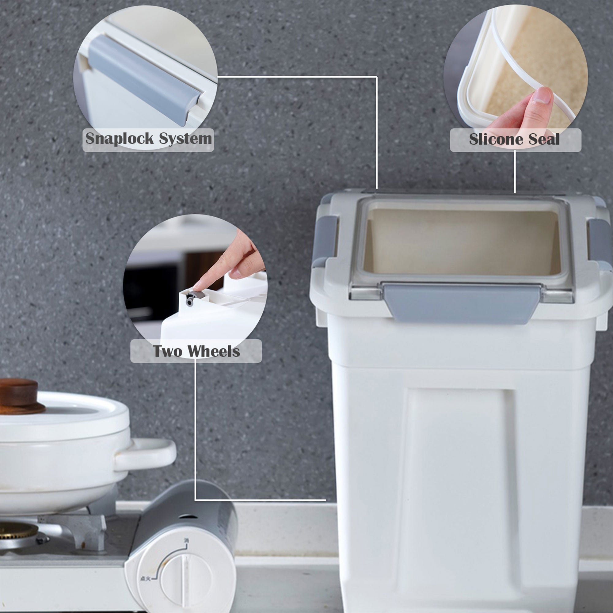 HANAMYA 15 L Rice Storage Container with Wheels and Measuring Cup, White (Used) - VMInnovations