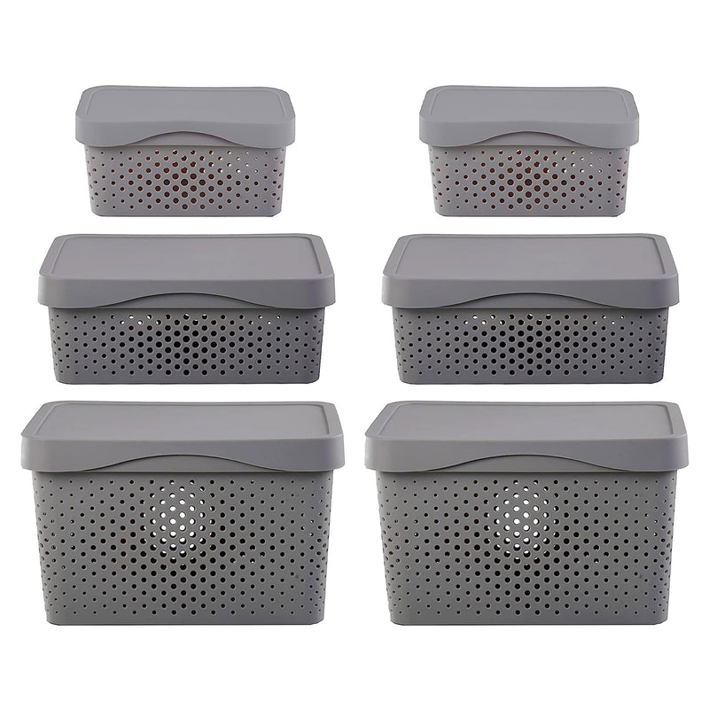 HANAMYA 5 Liter Stackable Lidded Storage Organizing Containers, Gray (Set of 6)