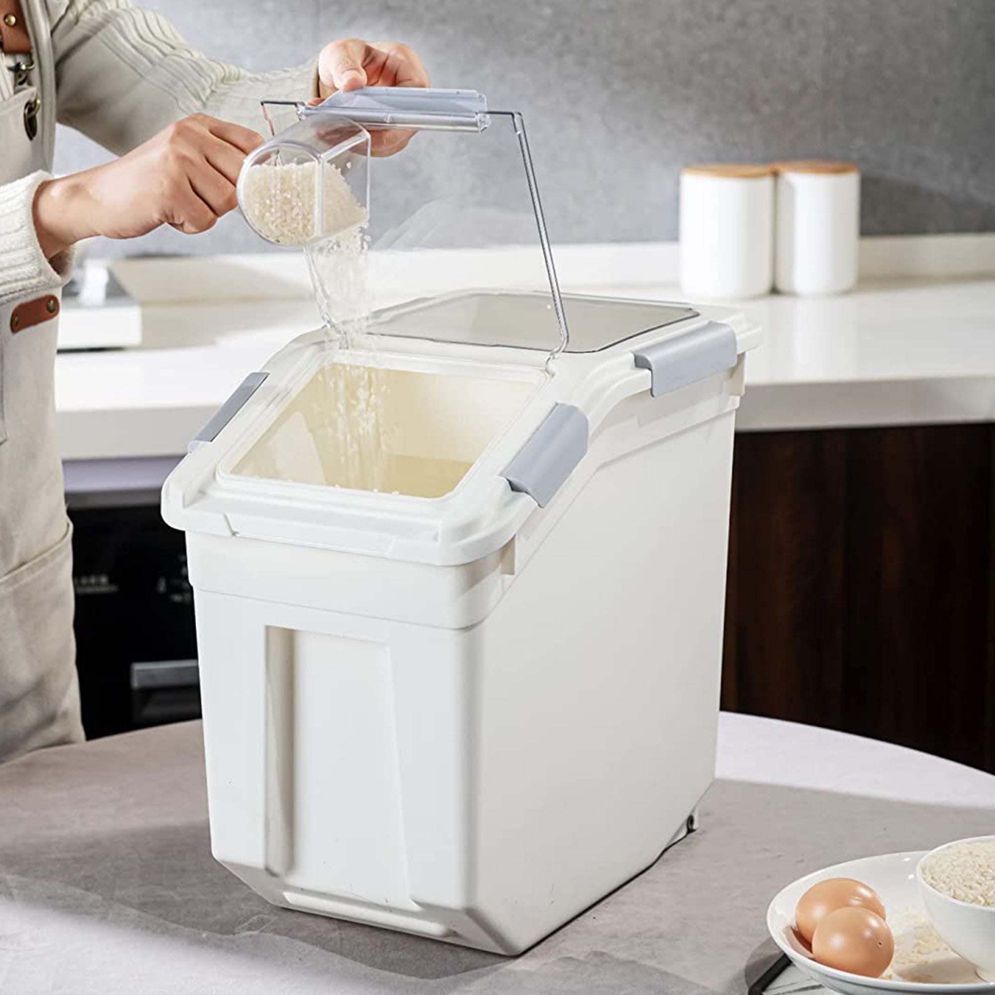 HANAMYA 25L Rice Storage Container with Wheels & Cup, White (Set of 2) (Used) - VMInnovations