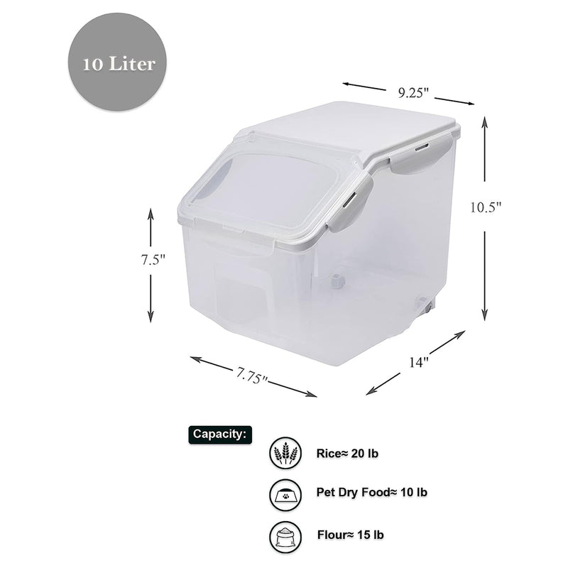 HANAMYA 10L Rice Storage Container with Wheels & Measuring Cup, Clear (Set of 2)
