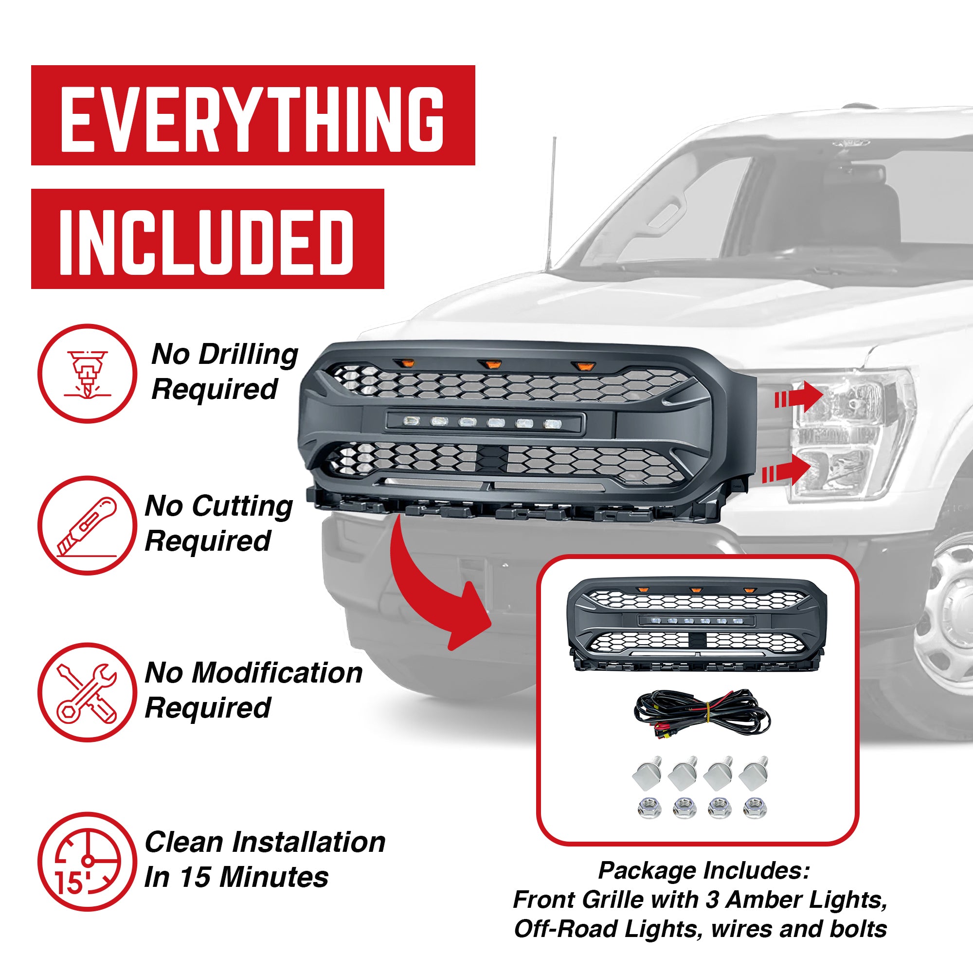 AMERICAN MODIFIED Grille Compatible 2021 to 2023 Ford F150, Black (Open Box) - VMInnovations
