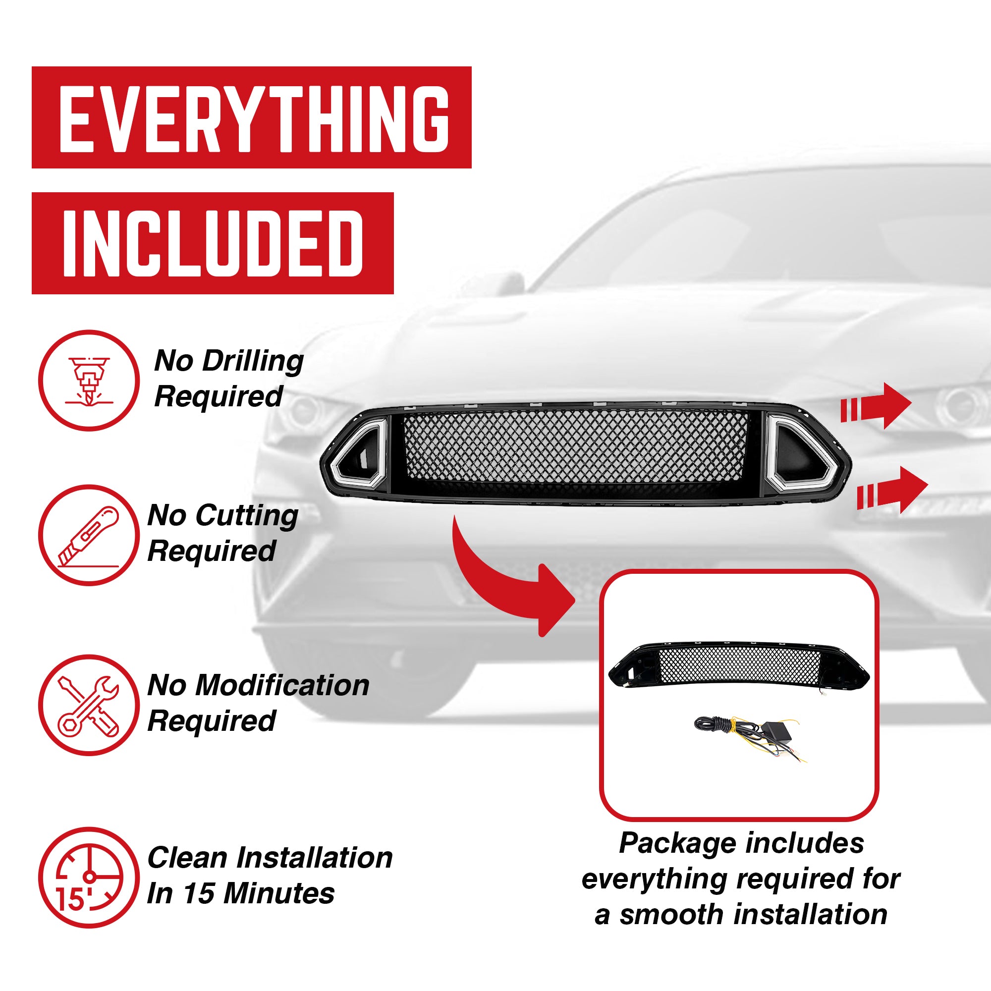 AMERICAN MODIFIED Mesh Upper Grille w/LED DRL for 18-23 Ford Mustangs(Used) - VMInnovations
