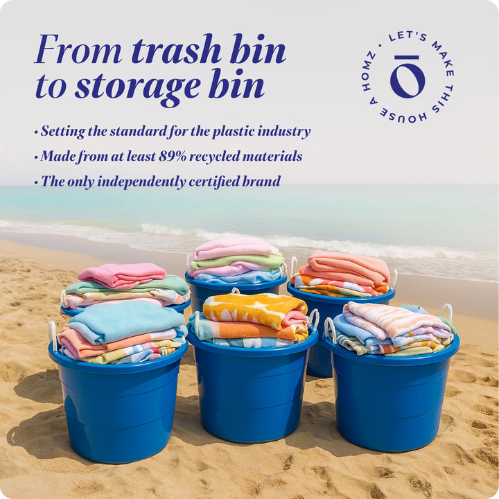 Homz 18 Gal Plastic Open Storage Round Utility Tub with Handles, Blue (3 Pack)