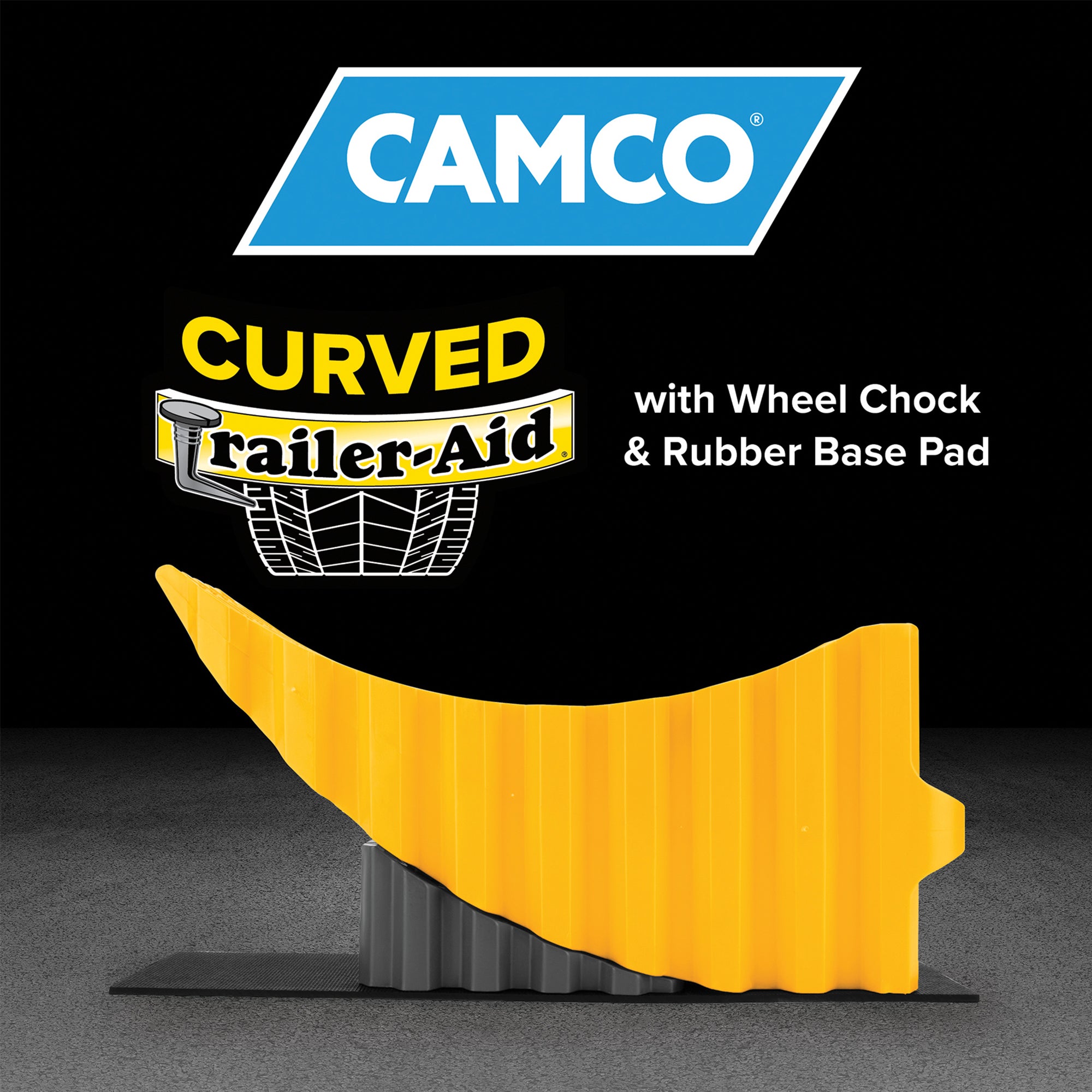 Camco Curved Trailer Aid with Chock & Pad, 6.5" Lift for Tandem Trailer, Yellow - VMInnovations