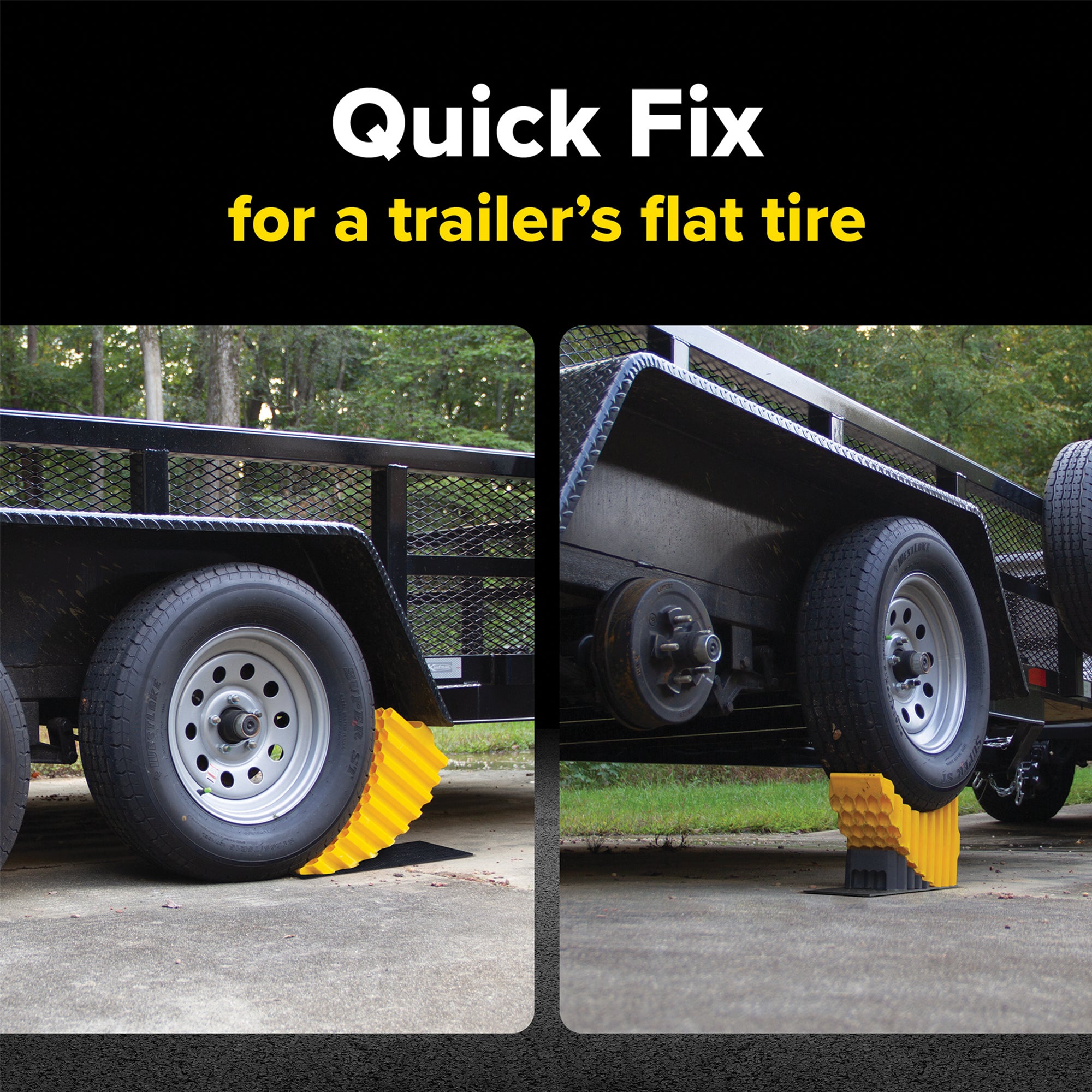 Camco Curved Trailer Aid with Chock & Pad, 6.5" Lift for Tandem Trailer, Yellow - VMInnovations