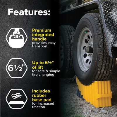 Camco Curved Trailer Aid with Chock & Pad, 6.5" Lift for Tandem Trailer, Yellow - VMInnovations