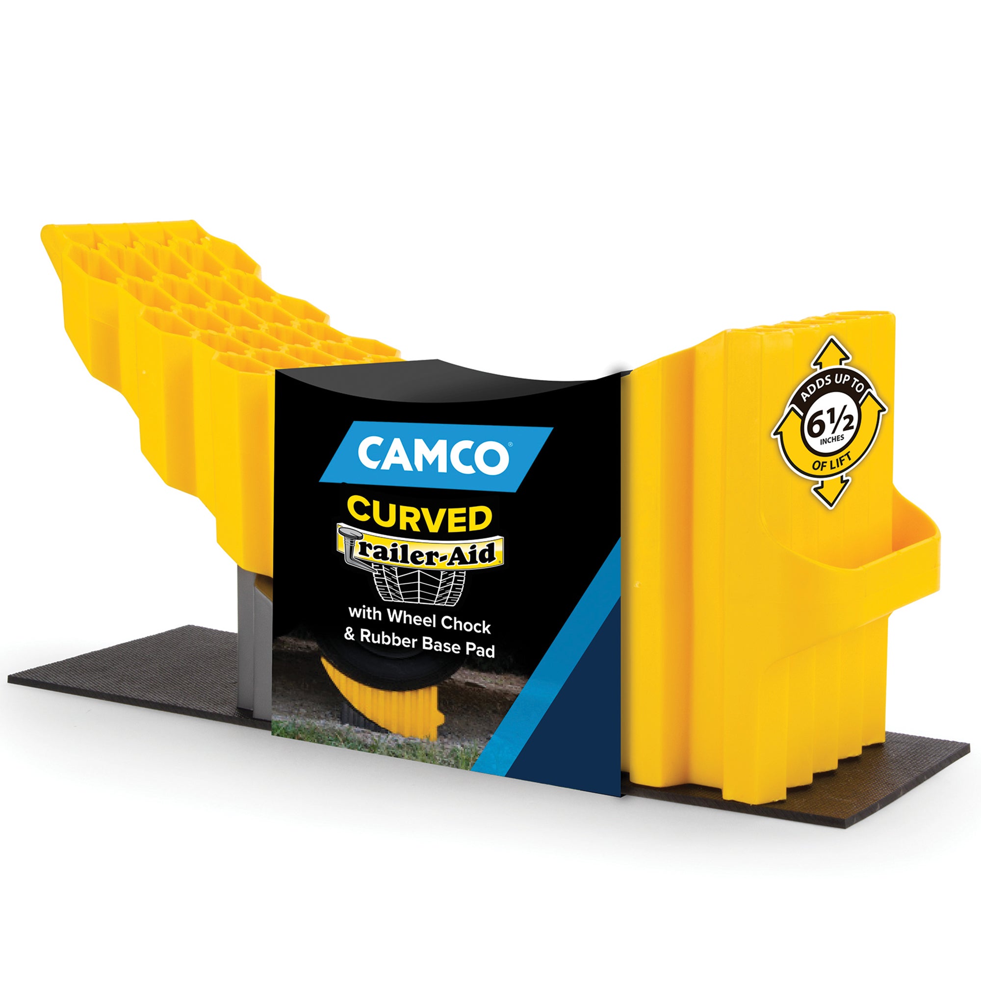 Camco Curved Trailer Aid with Chock & Pad, 6.5" Lift for Tandem Trailer, Yellow - VMInnovations