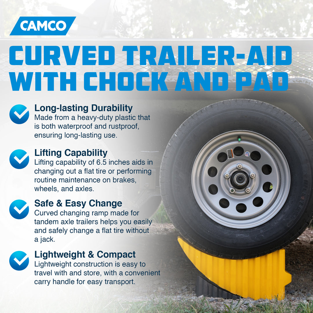 Camco Curved Trailer Aid with Chock & Pad, 6.5" Lift for Tandem Trailer, Yellow