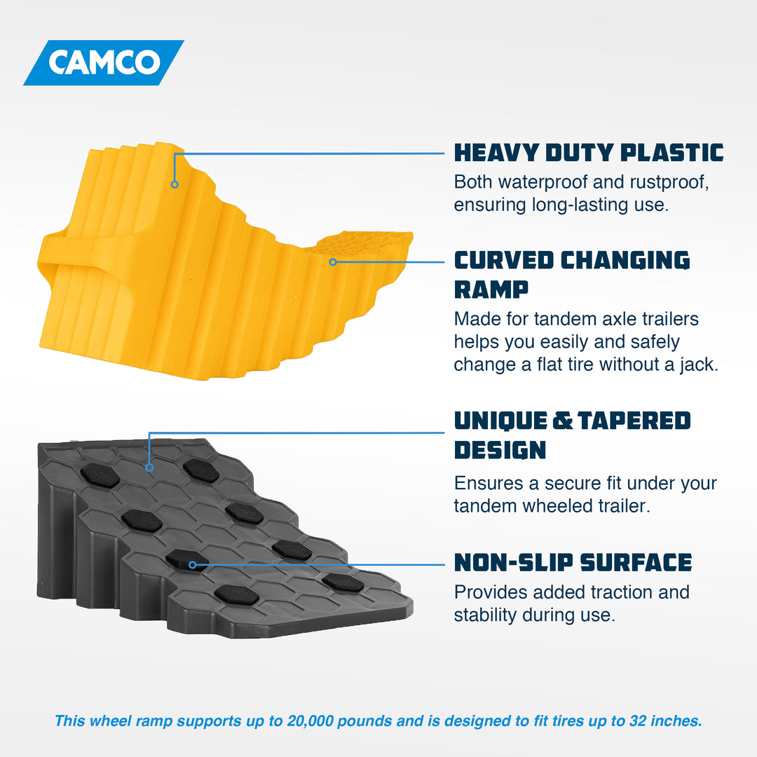 Camco Curved Trailer Aid with Chock & Pad, 6.5" Lift for Tandem Trailer, Yellow