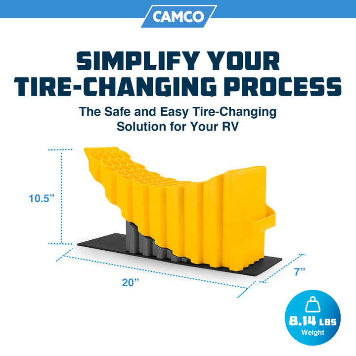 Camco Curved Trailer Aid with Chock & Pad, 6.5" Lift for Tandem Trailer, Yellow