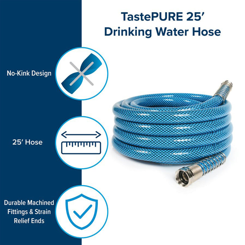 Camco TastePURE 25 Ft No Kink Heavy Duty PVC Drinking Water Hose, Blue(Open Box)