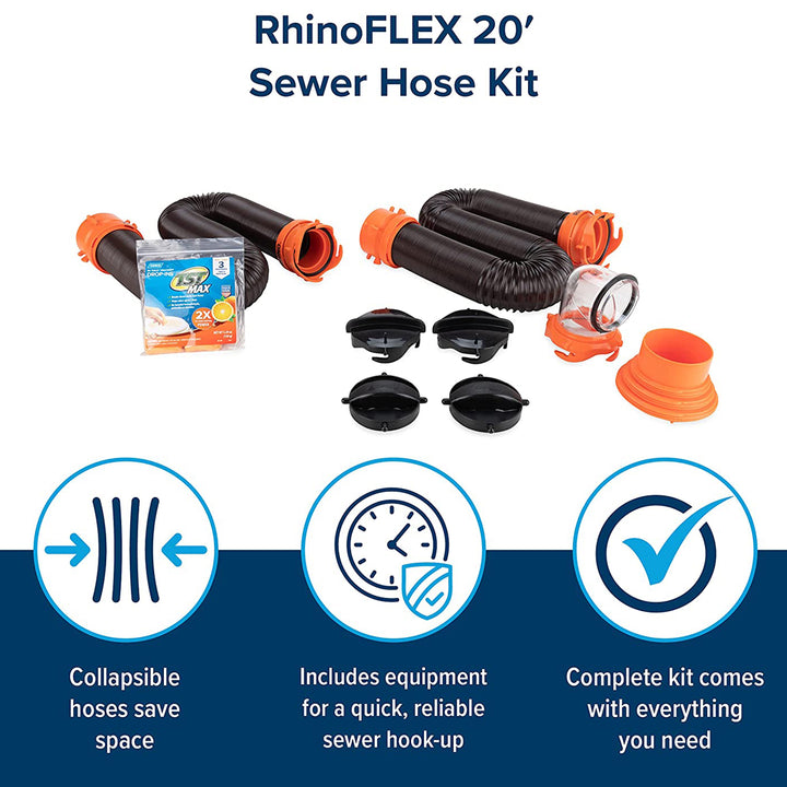 Camco RhinoFLEX 20' Sewer Hose with Sidewinder Support RV Trailer Accessory Set