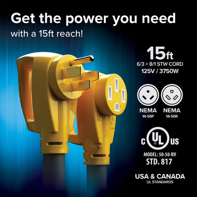 Camco 15 ft 50 Amp Extension Cord w/Power Handles for RVs or Campers (Open Box) - VMInnovations