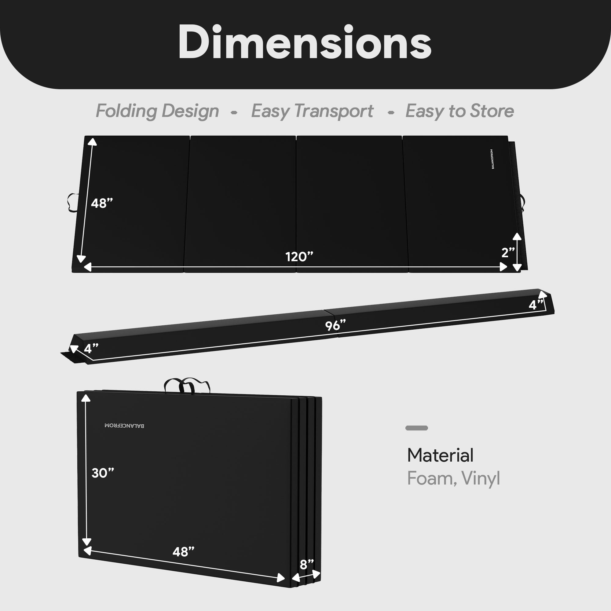 BalanceFrom Foldable Gymnastics Mat w/Sectional Balance Beam,Black (Open Box) - VMInnovations