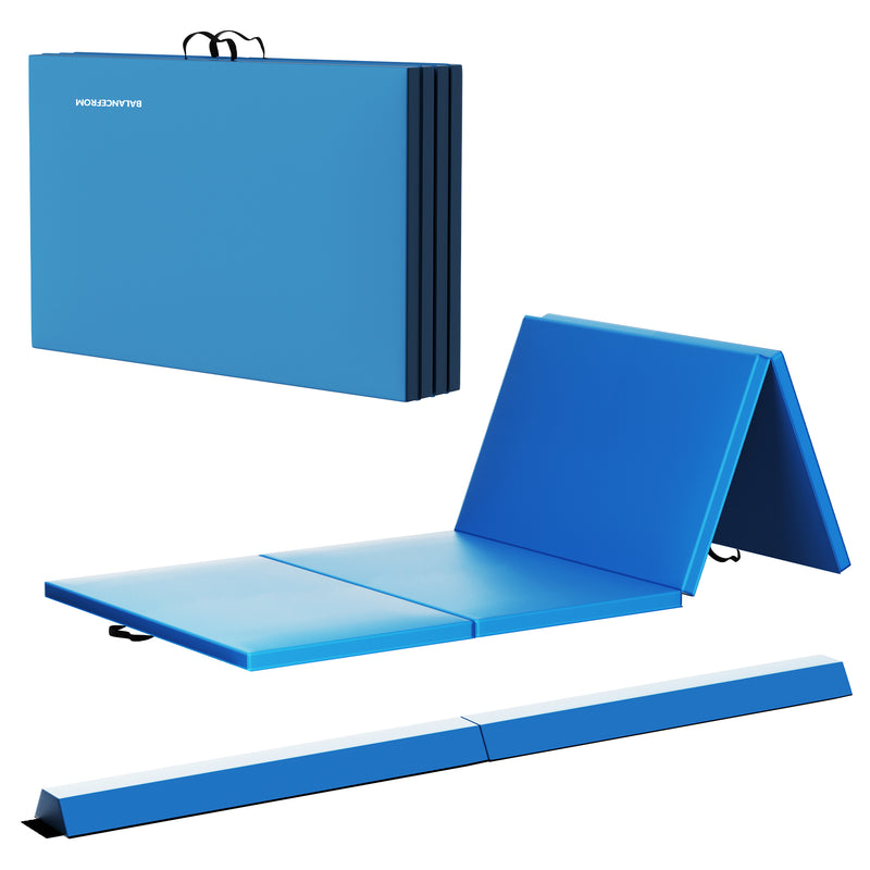 BalanceFrom Fitness Foldable Gymnastics Mat w/Sectional Floor Balance Beam, Blue