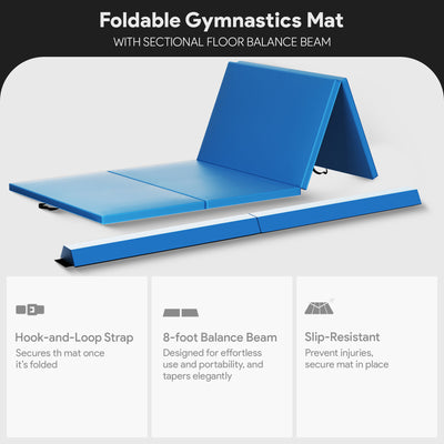 BalanceFrom Fitness Foldable Gymnastics Mat w/Sectional Floor Balance Beam, Blue