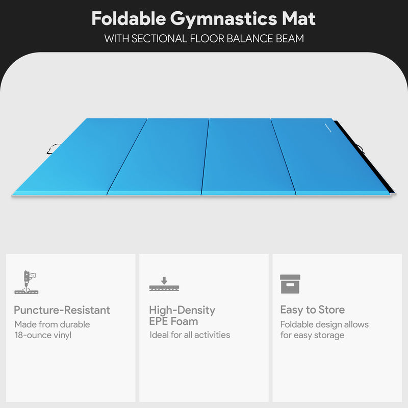 BalanceFrom Fitness Foldable Gymnastics Mat w/Sectional Floor Balance Beam, Blue