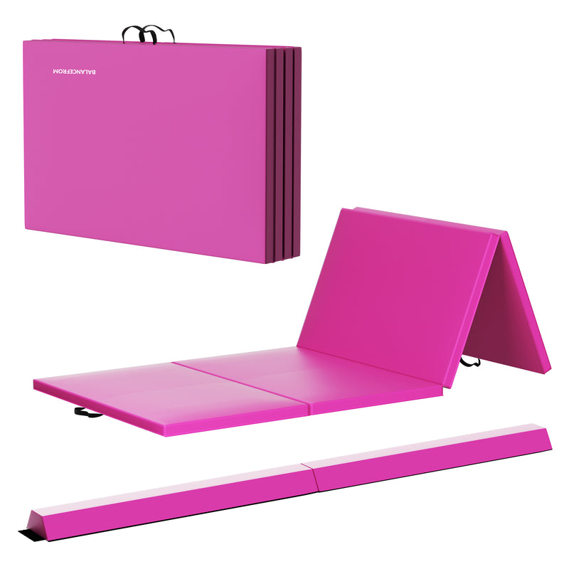 BalanceFrom Fitness Foldable Gymnastics Mat w/Sectional Floor Balance Beam, Pink