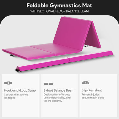 BalanceFrom Fitness Foldable Gymnastics Mat w/Sectional Floor Balance Beam, Pink