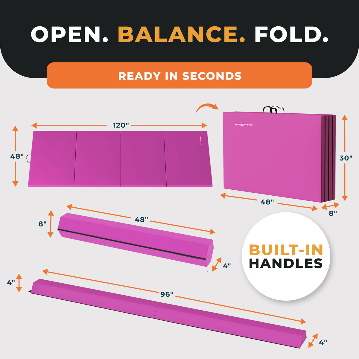 BalanceFrom Fitness Foldable Gymnastics Mat w/Sectional Floor Balance Beam, Pink