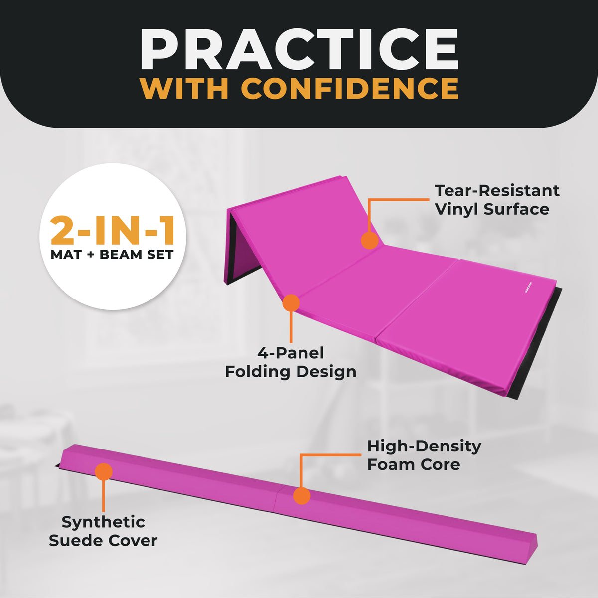 BalanceFrom Fitness Foldable Gymnastics Mat w/Sectional Floor Balance Beam, Pink