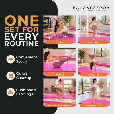 BalanceFrom Fitness Foldable Gymnastics Mat w/Sectional Floor Balance Beam, Pink