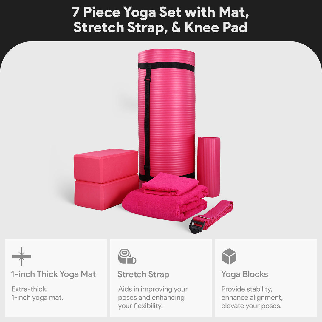 BalanceFrom Fitness 7 Piece Yoga Set with Mat, Stretch Strap, & Knee Pad, Pink