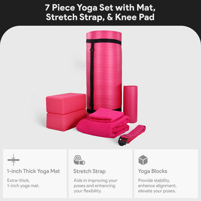 BalanceFrom Fitness 7pc Yoga Set with Mat, Stretch Strap, & Knee Pad, Pink(Used) - VMInnovations