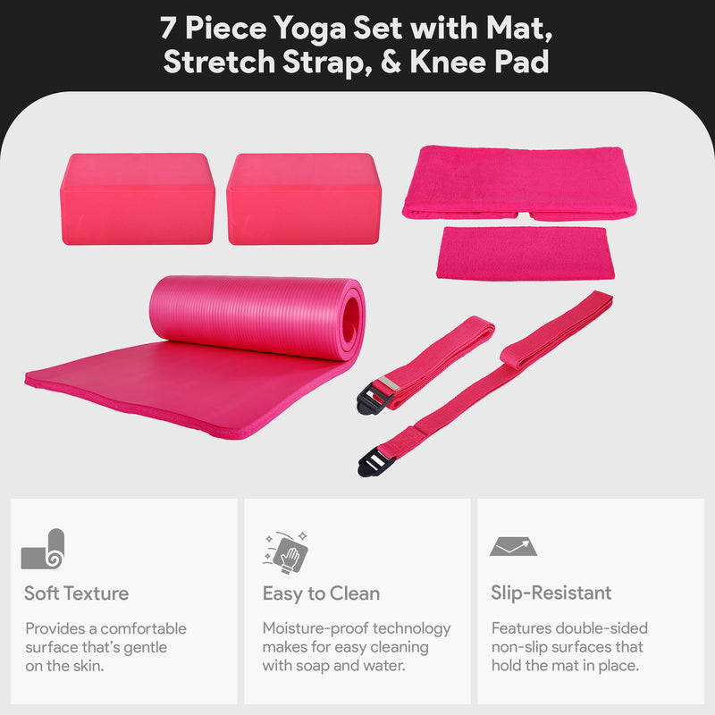 BalanceFrom Fitness 7pc Yoga Set with Mat, Stretch Strap, & Knee Pad, Pink(Used)