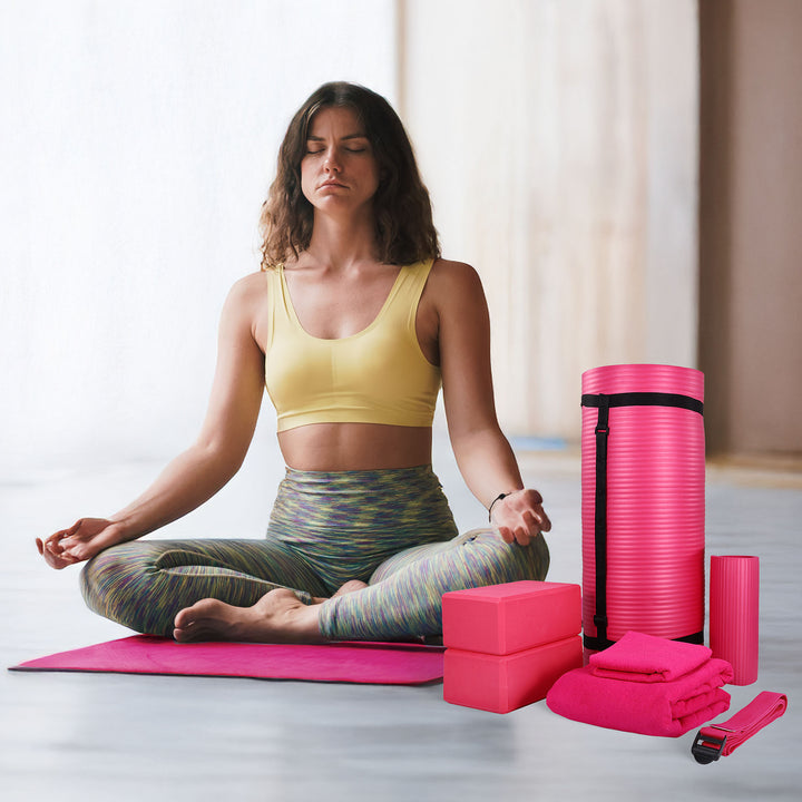 BalanceFrom Fitness 7 Piece Yoga Set with Mat, Stretch Strap, & Knee Pad, Pink