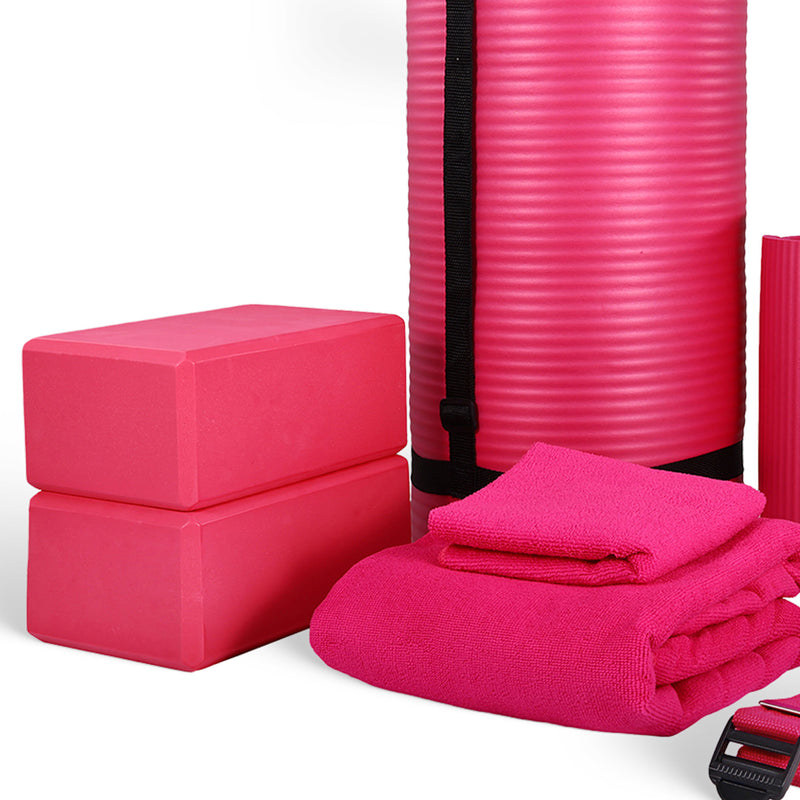 BalanceFrom Fitness 7pc Yoga Set with Mat, Stretch Strap, & Knee Pad, Pink(Used)