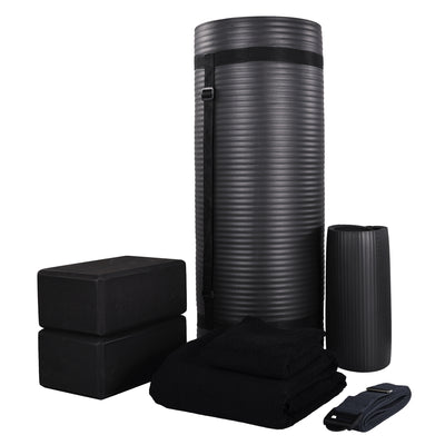 BalanceFrom 7 Piece Yoga Set with Mat, Stretch Strap, & Knee Pad, Black (Used) - VMInnovations