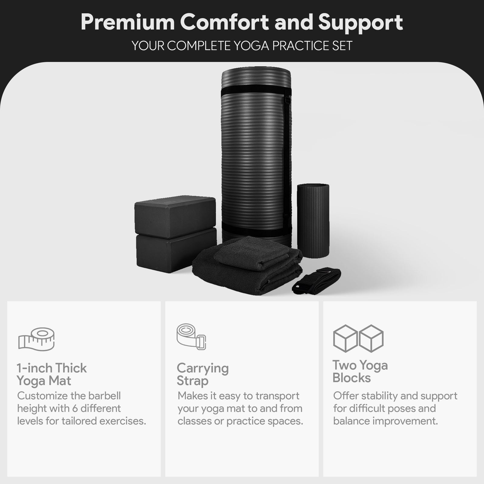 BalanceFrom Fitness 7 Piece Yoga Set with Mat, Stretch Strap, & Knee Pad, Black - VMInnovations