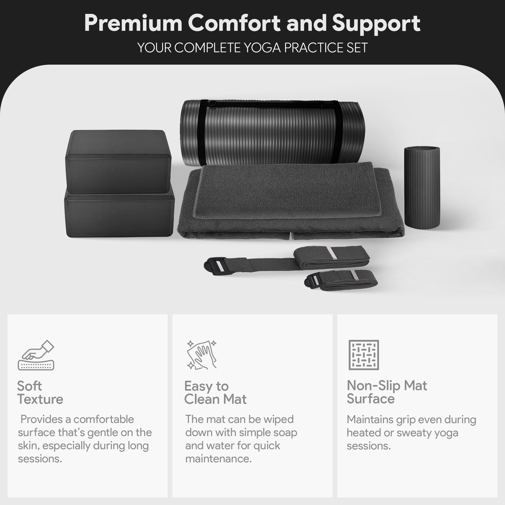 BalanceFrom 7 Piece Yoga Set with Mat, Stretch Strap, & Knee Pad, Black (Used) - VMInnovations