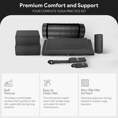 BalanceFrom 7 Piece Yoga Set with Mat, Stretch Strap, & Knee Pad, Black (Used) - VMInnovations