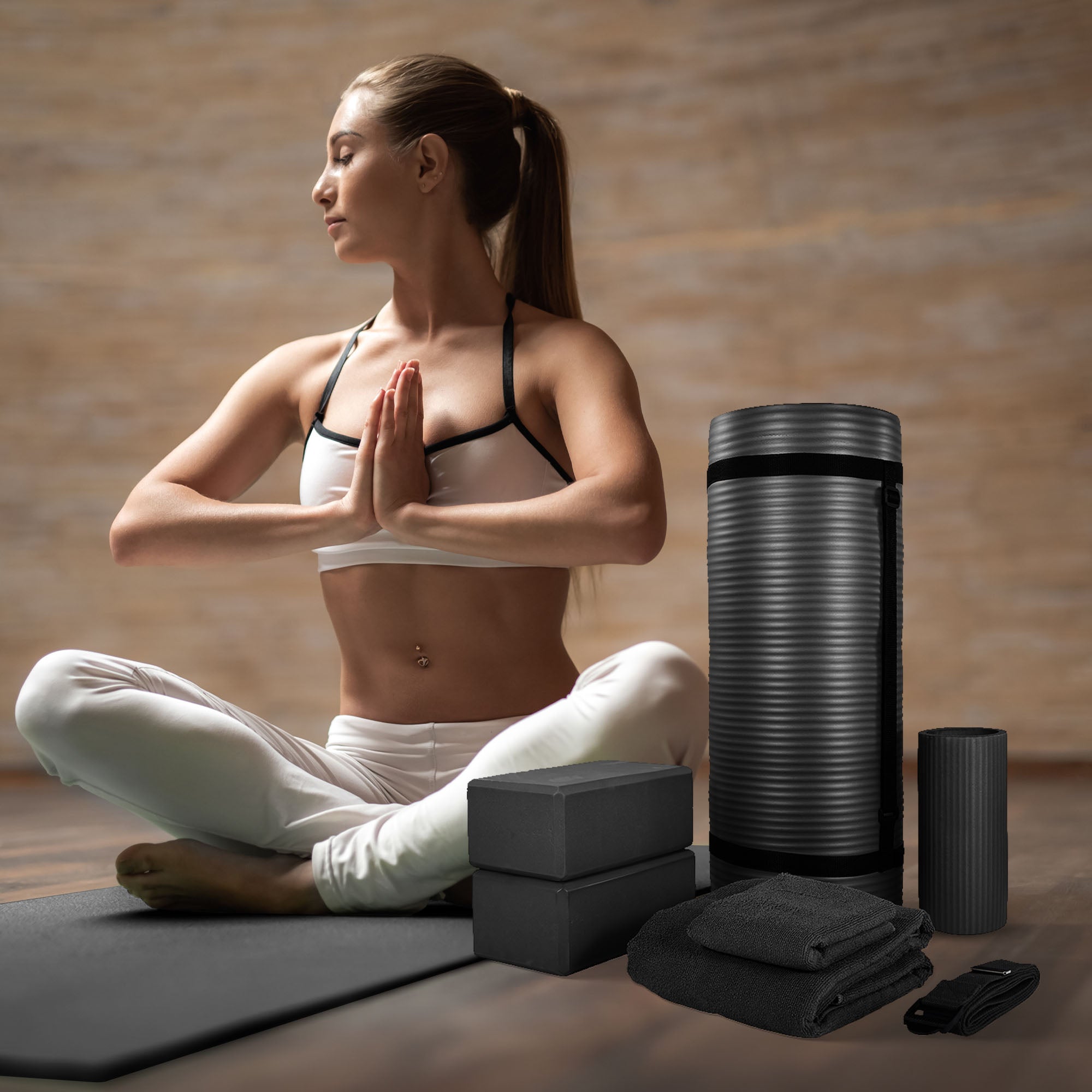 BalanceFrom 7 Piece Yoga Set with Mat, Stretch Strap, & Knee Pad, Black (Used) - VMInnovations