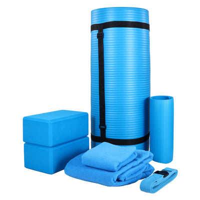 BalanceFrom Fitness 7pc Yoga Set with Mat, Stretch Strap, & Knee Pad, Blue(Used) - VMInnovations