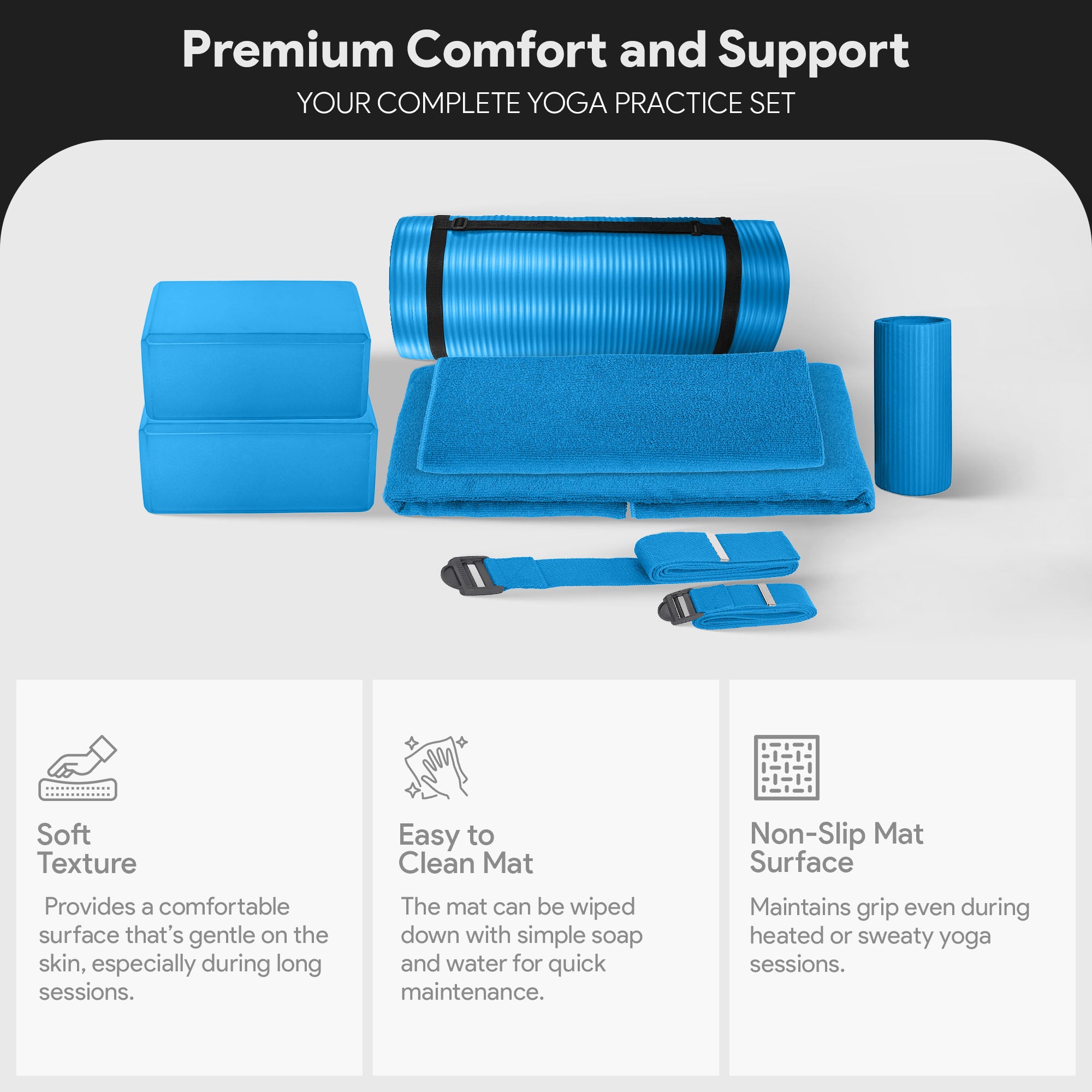 BalanceFrom Fitness 7pc Yoga Set with Mat, Stretch Strap, & Knee Pad, Blue(Used) - VMInnovations