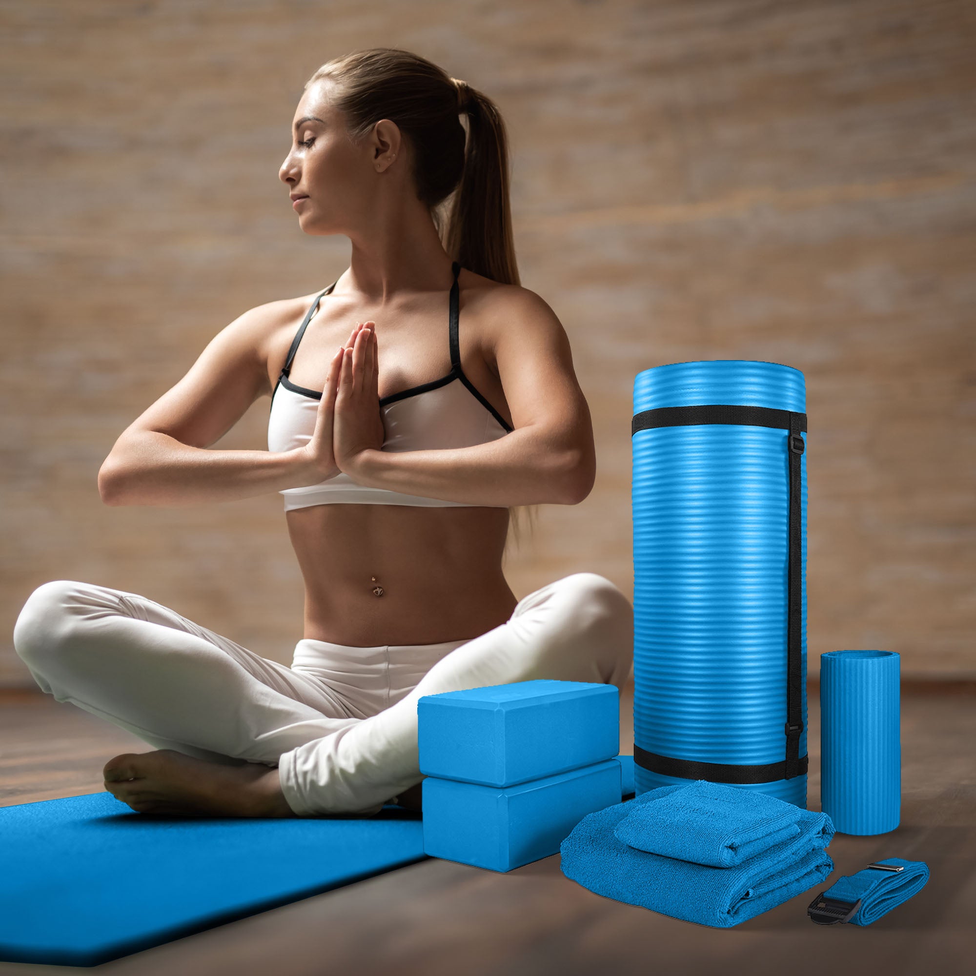 BalanceFrom 7pc Yoga Set with Mat, Stretch Strap, & Knee Pad, Blue (Open Box)