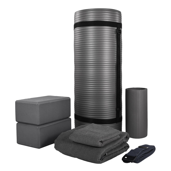 BalanceFrom 7 Piece Yoga Set with Mat, Stretch Strap, & Knee Pad, Gray(Open Box) - VMInnovations