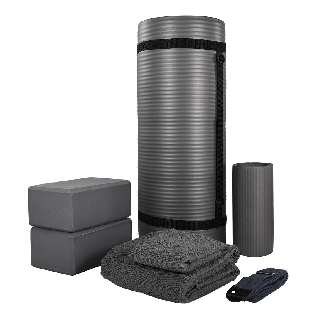 BalanceFrom 7 Piece Yoga Set with Mat, Stretch Strap, & Knee Pad, Gray(Open Box)