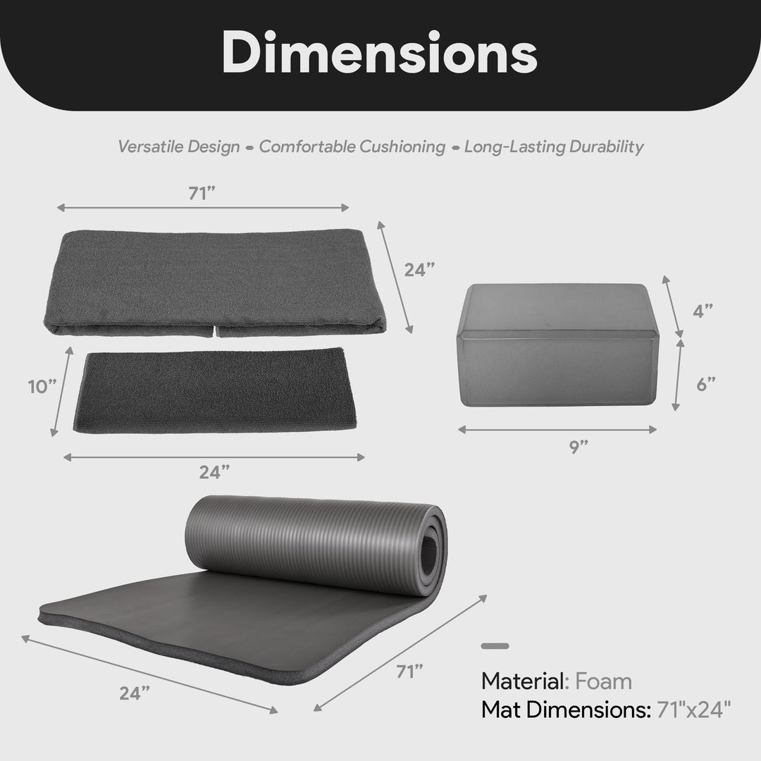BalanceFrom 7 Piece Yoga Set with Mat, Stretch Strap, & Knee Pad, Gray(Open Box)