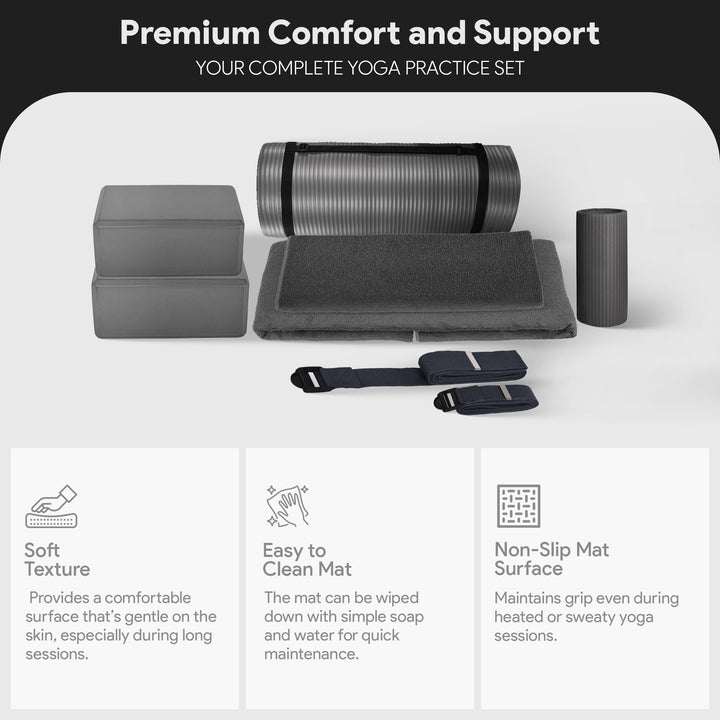 BalanceFrom 7 Piece Yoga Set with Mat, Stretch Strap, & Knee Pad, Gray(Open Box) - VMInnovations