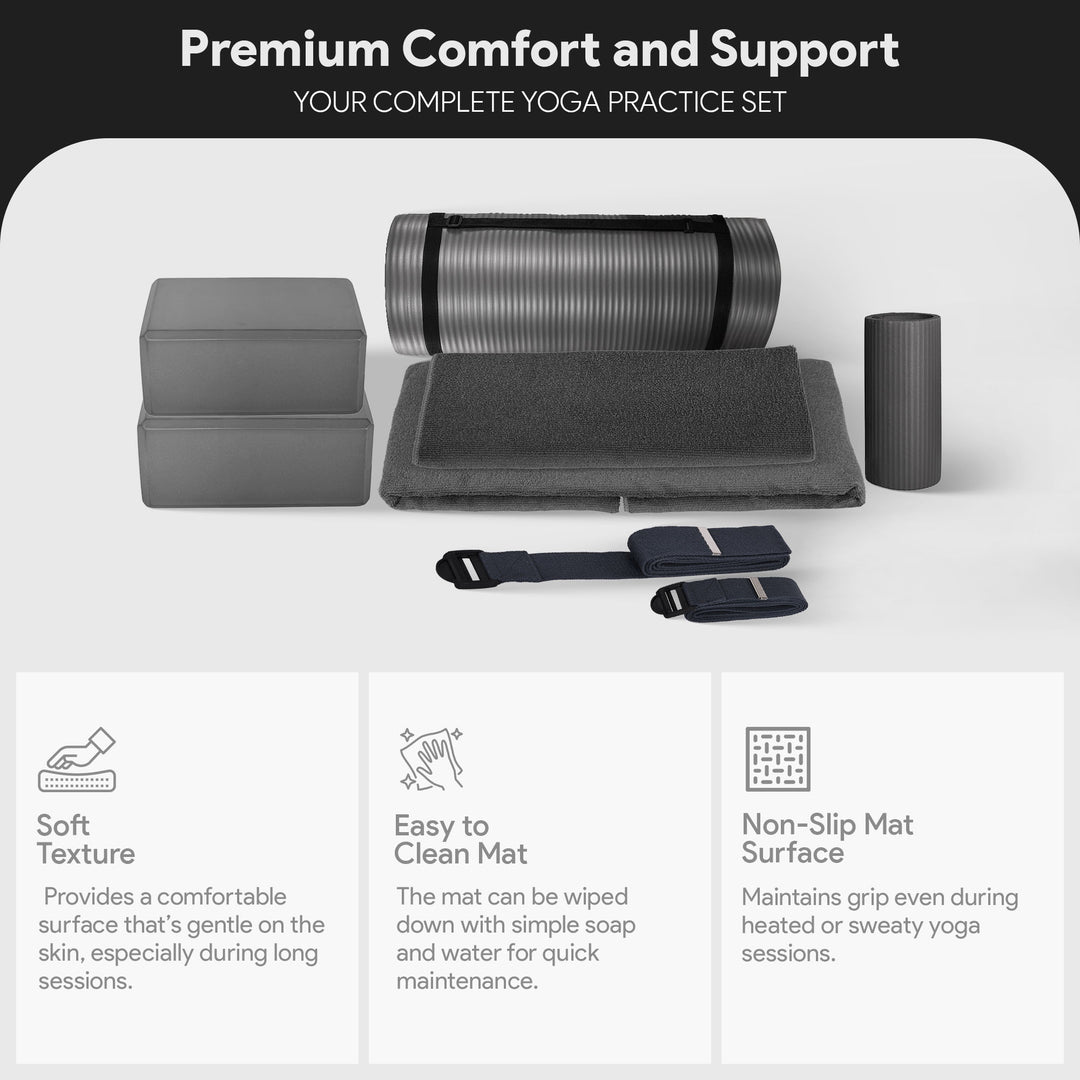 BalanceFrom 7 Piece Yoga Set with Mat, Stretch Strap, & Knee Pad, Gray(Open Box)