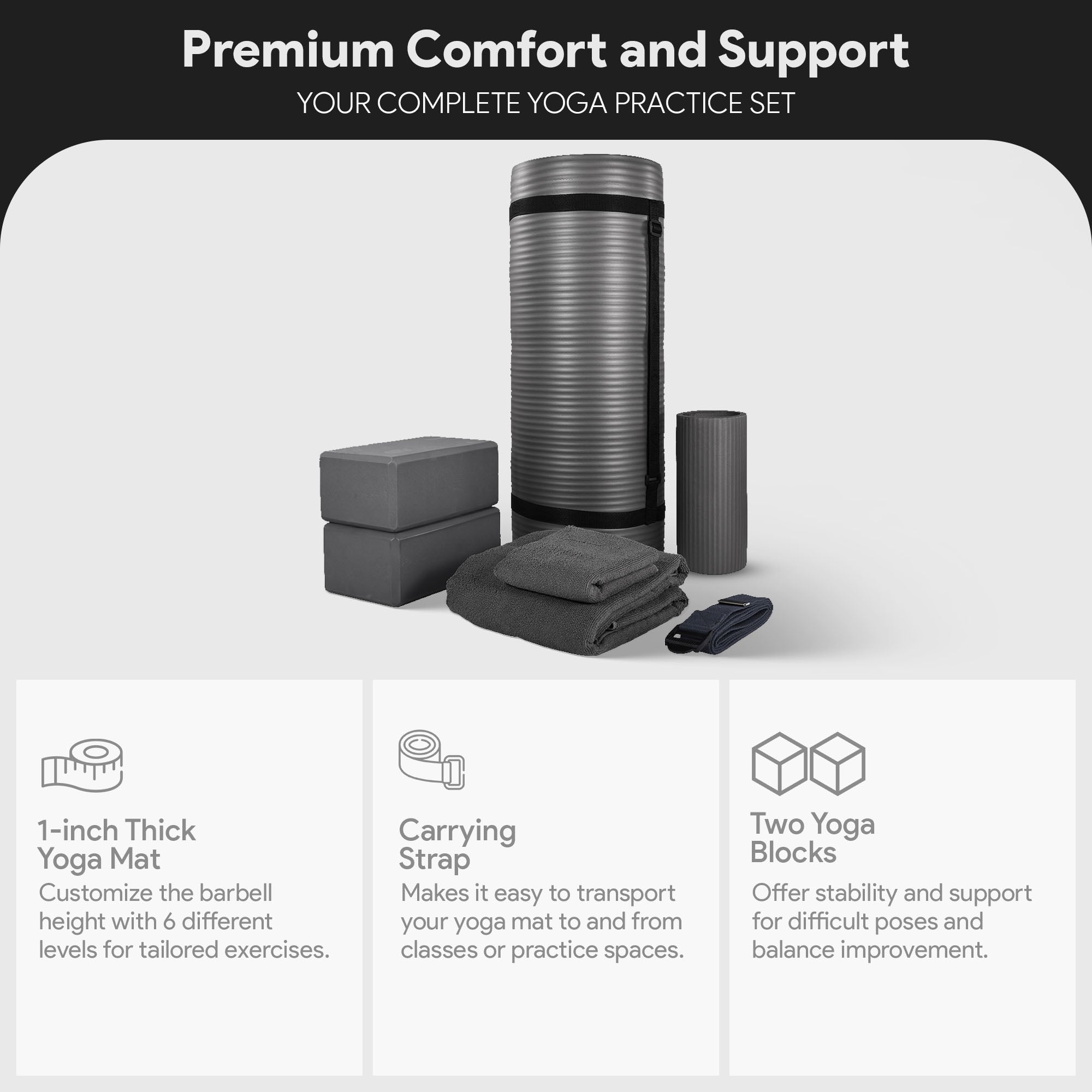 BalanceFrom 7pc Yoga Set with Mat, Stretch Strap, & Knee Pad, Gray (For Parts) - VMInnovations