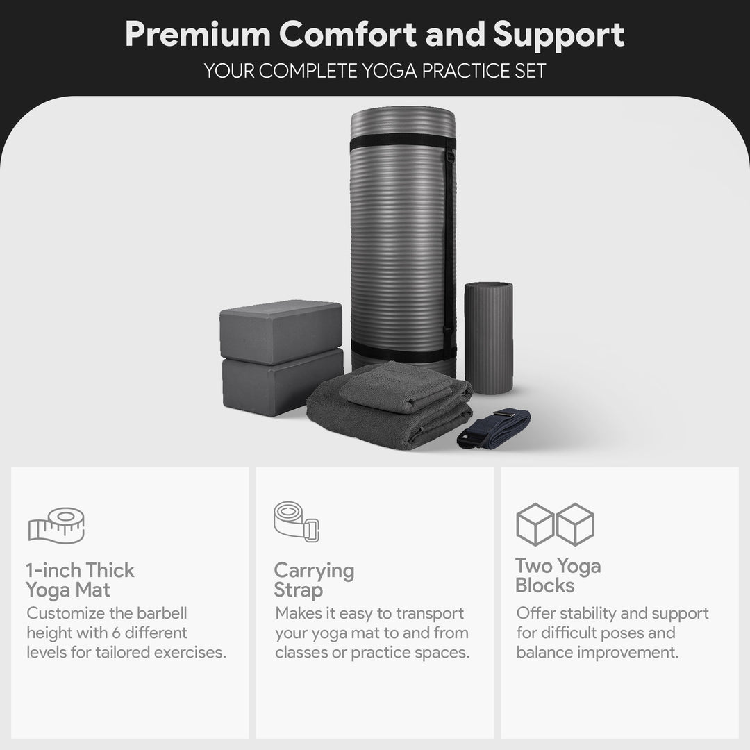 BalanceFrom 7 Piece Yoga Set with Mat, Stretch Strap, & Knee Pad, Gray(Open Box)