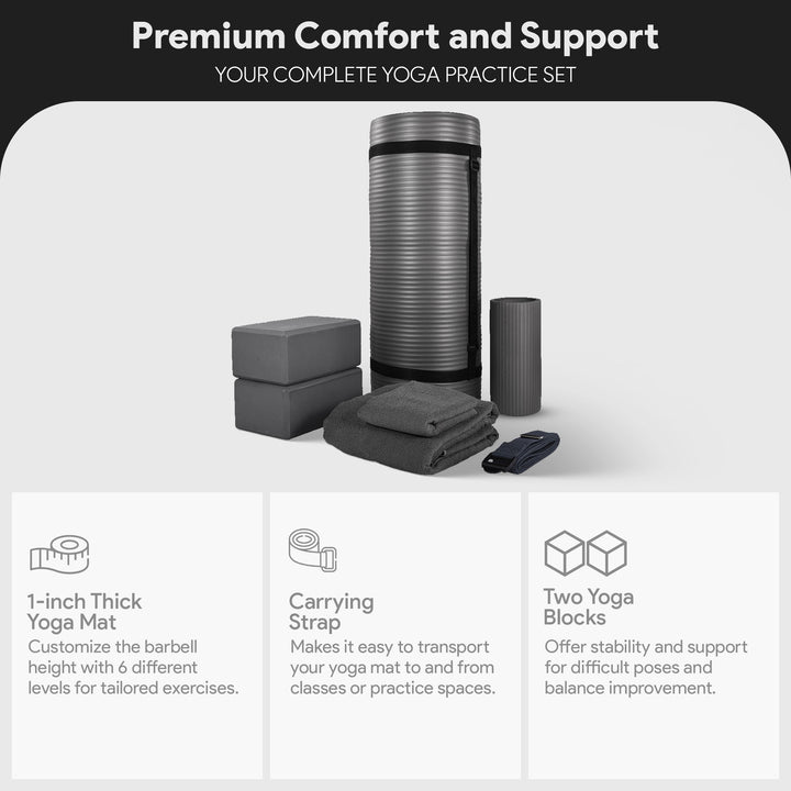 BalanceFrom 7 Piece Yoga Set with Mat, Stretch Strap, & Knee Pad, Gray(Open Box)